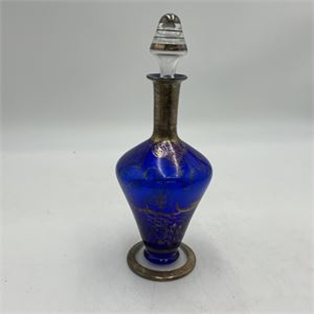 Vintage Cobalt Blue Glass Decanter Silver Overlay Venetian Gondola & Stopper